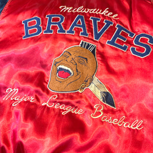 Milwaukee期design/MLB BRAVES Satin Varsity Jacket/ size L